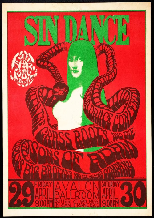 magictransistor:  Wes Wilson   The Family Dog Presents;  (A Dance Concert) The Grass Roots / Sons of Adam / Big Brother And The Holding Company The Avalon Ballroom - San Francisco, CA, April 29-30, 1966  © Family Dog Productions  Psych Happening