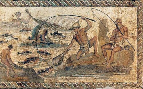 historyarchaeologyartefacts:Beautiful Roman mosaic from the 2nd century CE showing fishermen at work