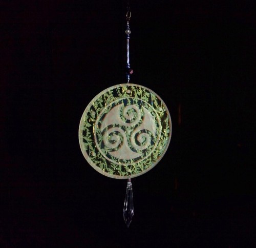 ornamentalglass: Celtic Sand dollar with Triskele on reverse side, crystallized dichroic glass ornam