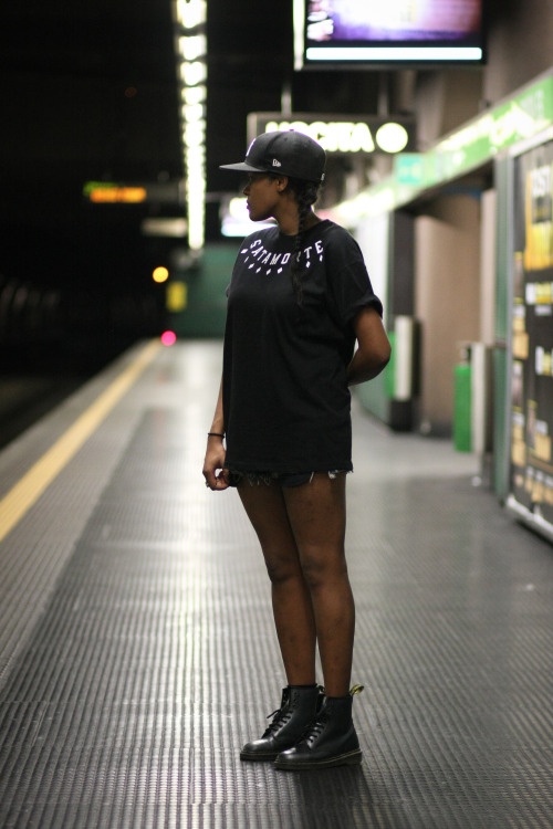 blackfashion:  T-shirt: SATAMORTE black, Shoes: Dr. Martens.Yasmina, 23, Milan.Submitted by: http://satamorte.tumblr.com/Photographed by: Stefano Carloni : http://mrtuft.tumblr.com/  She fine tho