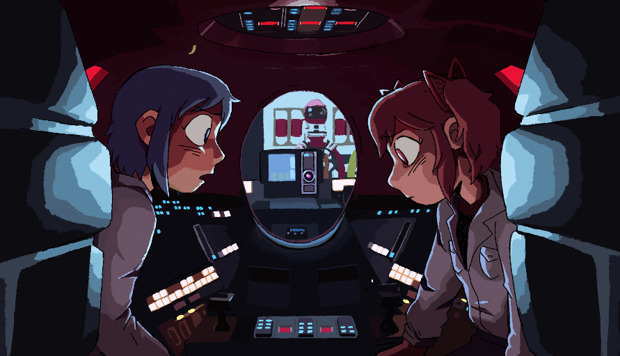 this one is fully a screenshot redraw, as I love to do. it's of the scene where frank and dave are sitting in a pod discussing whether or not to disconnect the hal 9000. in this version, sayaka is in the place of frank (bad news for her) and is speaking to madoka across from her with a concerned expression. madoka, in the place of dave, is looking down with resignation. behind them you can see the homu 9000 through the window of the pod, staring in at them.