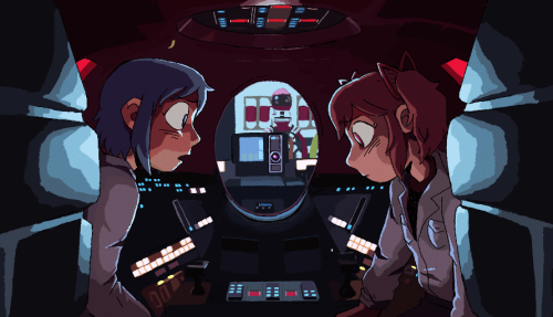 this one is fully a screenshot redraw, as I love to do. it's of the scene where frank and dave are sitting in a pod discussing whether or not to connect the hal 9000. in this version, sayaka is in the place of frank (bad news for her) and is speaking to madoka across from her with a concerned expression. madoka, in the place of dave, is looking down with resignation. behind them you can see the homu 9000 through the window of the pod, staring in at them.