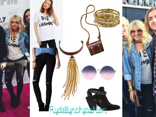 Rydel’s Outfit for Wango Tango;Pleasure Principle Die Laughing Tee (Exact) - Price: $19.99 On SaleJe