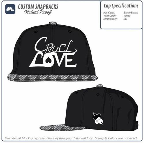 Coming soon new Cruel LOVE Snapback (black with snakeskin bill and 3D white embroidery)  #New #Repos