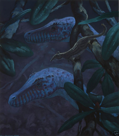 dryptosaurus:Velociraptors and Deltatheridium by Doug Henderson
