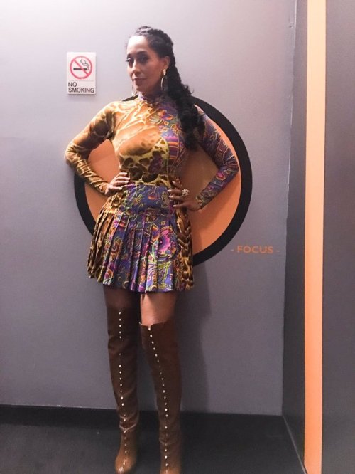 Tracee Ellis Ross in a Versace dress &amp; Maison Valentino boots 