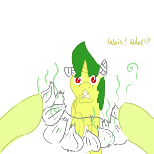 ask-timmy:  Timmy the pony :Garlic!!!!!!nooooooo!!!ahhhhhhh!!!!related: 1   Ack! Err…. oh dear…. x_X;;