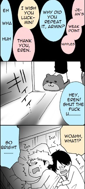 isolilili:  【51話】オレら104期！【リヴァエレ前提】 by suisai [Ch 51]  We’re the 104th Class! [RivaEre are already a couple] This artist is so funny omg. There are 2 puns that don’t translate well so putting them here: When Jean