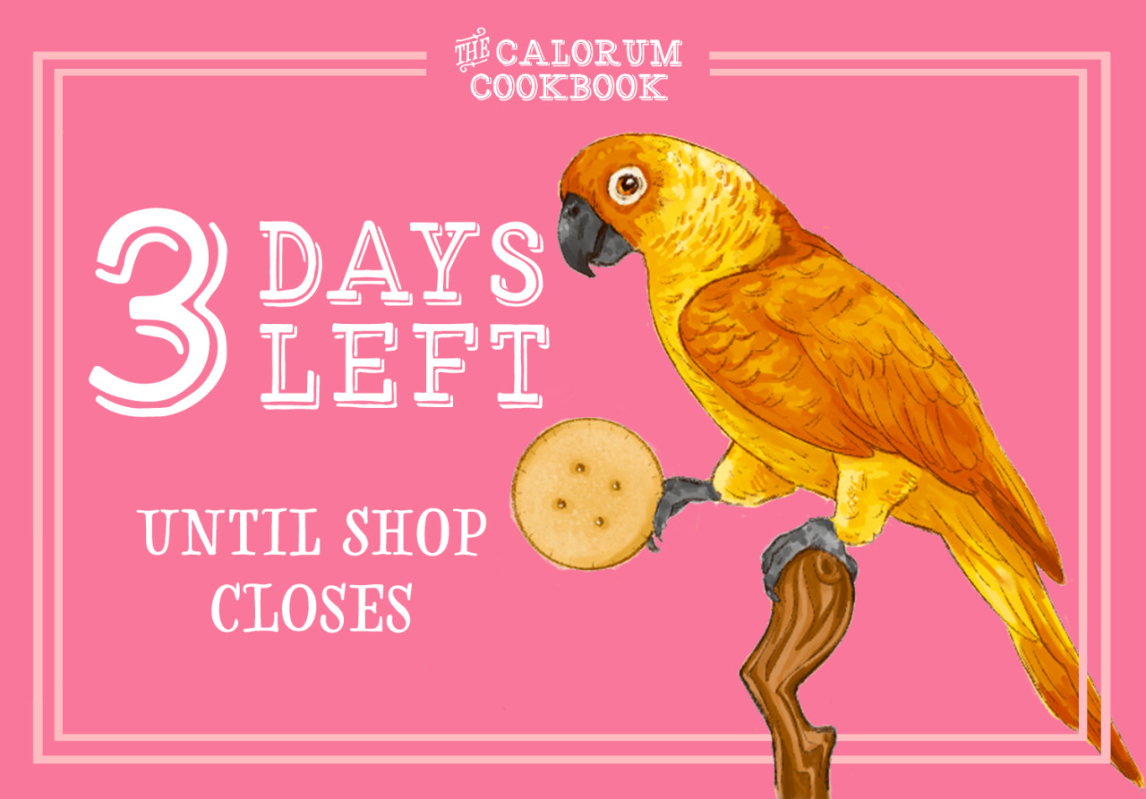 👑 3 DAYS LEFT 👑There are only three days left until our shop closes! This Cheesy Parrot drawn by Issy (thelongestwalk on Twitter) has a drastic appetite! Polly may want a cracker, but she also wants to make sure you buy a copy of the Calorum Cookbook before pre-orders close![ID: A pink graphic with the text that reads “3 days left until shop closes.” The three is emphasized in size. To the right is a drawing of an bright orange and yellow Parrot, giving it the appearance of cheese. It stands on a tree branch and in one talon holds a cracker. There is a light pink border around the photo with text reading ‘The Calorum Cookbook’ at the top of the graphic. END ID.] #dimension 20 #a crown of candy #fanzine