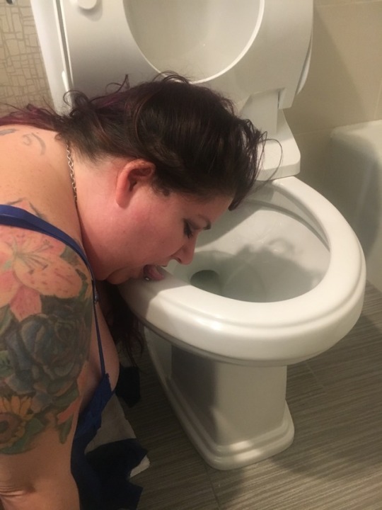 ideas4drmgirl69: For Crystal it is another day, and another toilet to kiss, lick and clean after I use it.  Just look at how pleased this slut slave is to be exposed as a toilet whore.  