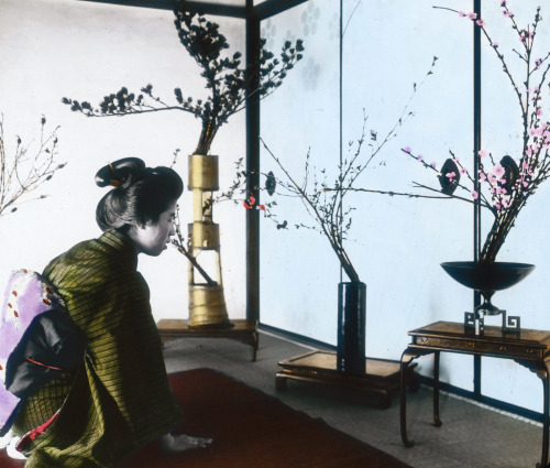 Hand-colored photo of woman and &lsquo;Ikebena&rsquo; (flower decor).  Early 20th century (1900-1920