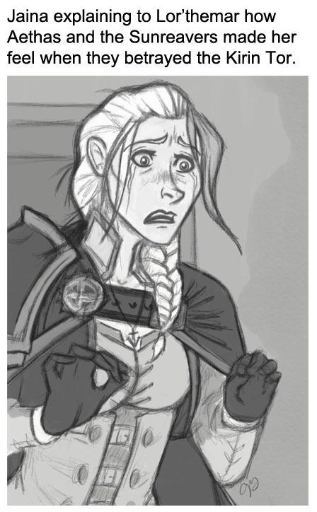 sparklymanacakes:Thalyssra stays in the background mediating - handing Jaina tissues and every time Lor’themar reaches for his sword she puts a gentle hand on his knee. “Use your words.”