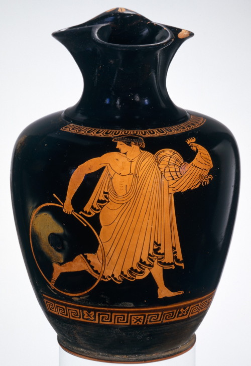 Terracotta chous depicting Ganymede with gamecock and hoopAttributed to the Pan Painter Greek (Attic