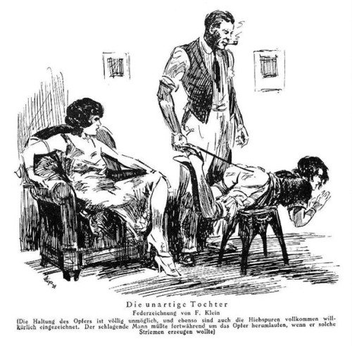 [Translation:]The Naughty Daughter - line drawing by F. Klein(The position of the victim is complete