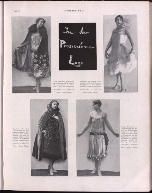 Evening dresses and capes by Jeanne Lanvin and C. Reboud in the January 1926 issue of Moderne Welt.(