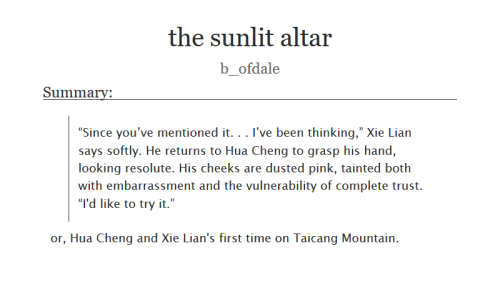 huacheng-zhu:Pairing: Hua Cheng/Xie LianRated: ExplicitTags: Post-Canon, Porn with Feelings, a whole