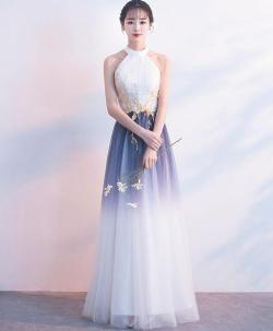 shopluu: White tulle lace long prom dress,