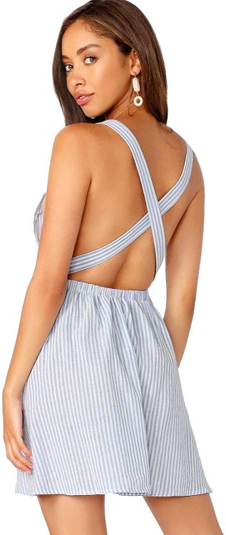 Romwe striped criss cross backless straps high waist mini dress