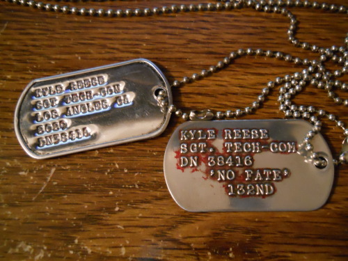 xdjxsltx:  Kyle Reese dog tags. One made in 1989, the other in 1991.