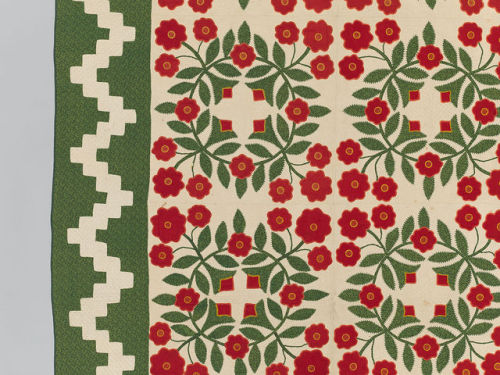 heaveninawildflower:Rose Wreath Quilt (circa 1850). Cotton, silk, wool.Made in Baltimore, Maryland, 