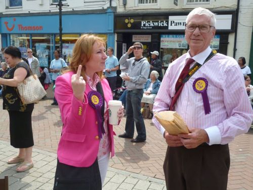 palebros:  This picture was taken yesterday by Maria Pizzey representing the Green Party with the following caption: “This is UKIP’s MEP candidate for the South East. She described herself as Nigel’s number 2. She told us to f**k off because