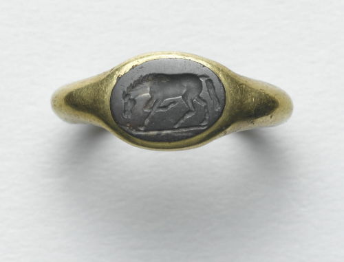 Who doesn’t love a ring with a lil horse on it?[ID: A photograph of a gold ring with a silver metal 