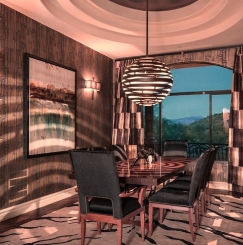 Contemporary Dining Room - Great RoomLarge Trendy Dark Wood Floor Great Room Photo With Metallic Walls