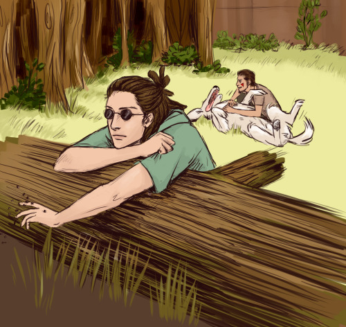 danicat91:Shino and Kiba hanging out on a day that’s so warm, that even Shino can’t stan