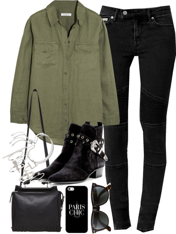 Outfit with a khaki shirt by ferned featuring a green top
Equipment green top, 460 AUD / AllSaints jeans, 170 AUD / Yves Saint Laurent short boots / 3 1 Phillip Lim man bag / Monica Vinader sterling silver jewelry, 325 AUD / Topshop stackable ring,...