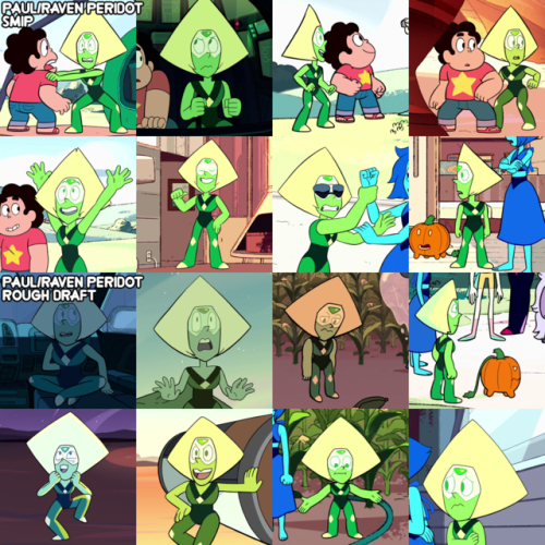alonetogether: made a small comparison chart showing how peridot looks in episodes boarded by paul/raven (arguably the most disliked boarding pair). top half is in SMIP episodes (”Gem Drill”, “Earthlings”, “The New Crystal Gems”), while