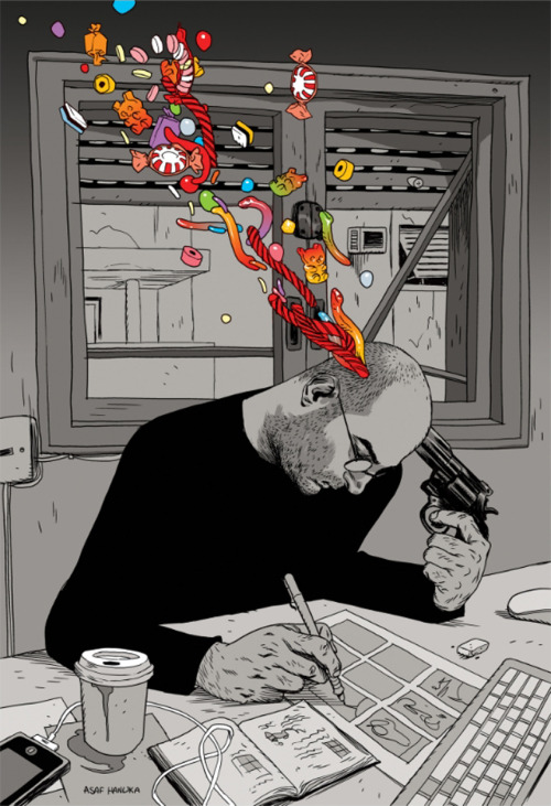 redlipstickresurrected:  Asaf Hanuka (Israeli, b. 1974, Israel) - 1: Likecoholic from The Realist, a graphic novel about life in modern Tel Aviv originally done for Israeli newspaper The Calcalist.  2: Alternative Ending from The Realist.  Digital