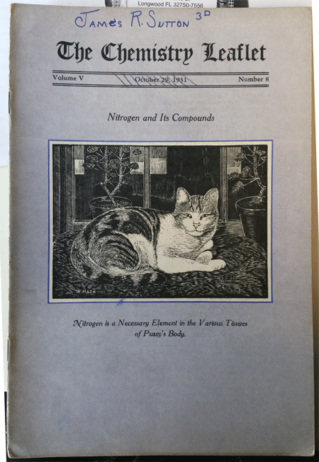 othmeralia:I’m sure Nitrogen is important to cats, but most likely the editor of the 1931 edition of the Chemistry Leaflet just wanted to put a picture of his cat on the cover.  I really can’t blame him, this cat is pretty cute.Image from volume