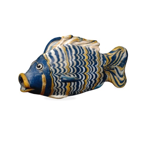 waswseffortblog: Glass bottle in the form of a fish. el-Amarna, Egypt, 1390-1336 BC (18th Dynasty) (
