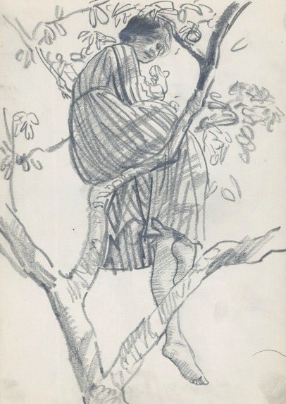 urgetocreate: Dame Laura Knight, Study of a Model Relaxing in Tree, ca.1916, pencil on wove paper