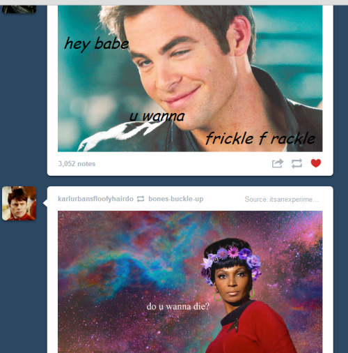 theredheadness: admiral-archers-beagle: Uhura is havin’ none of your Bullshit Jim, past, prese