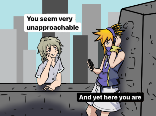 [image id: an artwork of joshua and neku from the world ends with you. Joshua is leaning on a wall t