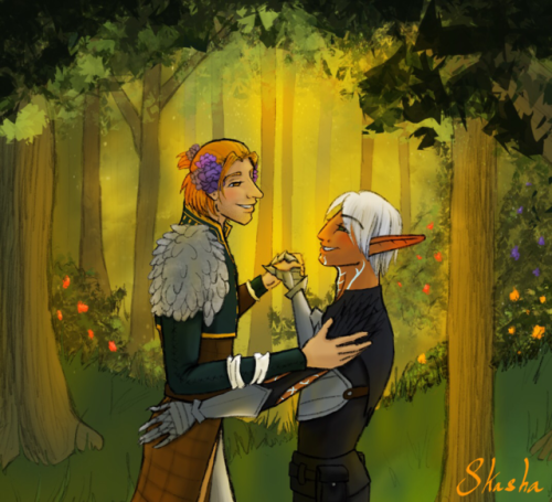 skasha: For @therealmnemo who requested Anders (with flowers in his hair) dancing with Fenris &heart