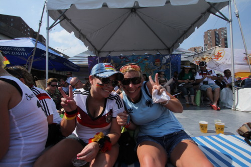 World Cup 2014. Germany 7 - Brazil 1  8 July 2014, 4:00 pm. Zum Schneider Outdoor Viewing Party, Kips Bay
We stood in a parking lot adjacent to the East River, which was renovated to a biergarten by the German restaurant Zum Schneider, who even have...