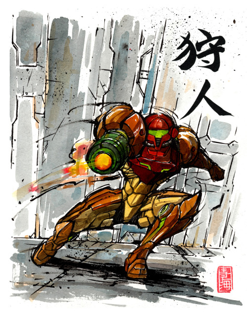 remycks:  Samus from Metroid, sumi/watercolor style.  Calligraphy: Hunter 