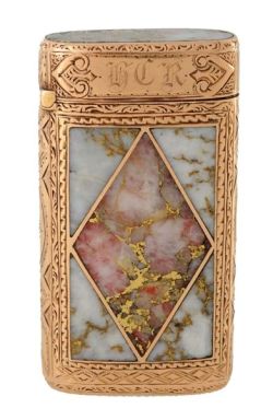 treasures-and-beauty:   Gold Match Safe Inlaid With Gold Quartz