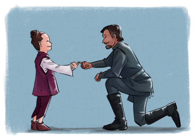 Digital drawing: A ten-year-old Leia, as she is shown in the Kenobi series, wearing a pink tunic, dark pink trousers, and soft brown ankle boots. Bail is kneeling on the ground across from her, in a grey imperial uniform and boots. Both of them are smiling and giving each other a pinkie promise. The artist's signature "SJ 5/22" is written in small writing under Bail's tunic. 