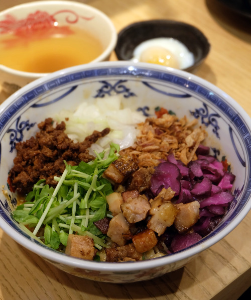 Dan-Dan Noodles-  crunchy purple pickled cucumbers, melty cubes of cha shu, punchy diced white onion