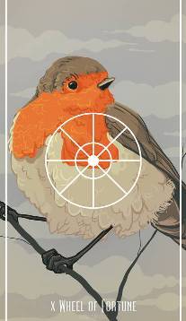 The Wheel of Fortune card in Birds Tarot by Fiona Marchbank