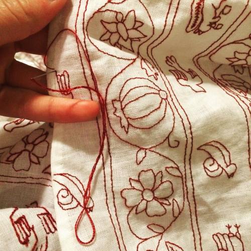 Closing in on the embroidery of my longtime back-burner project. #embroidery #redwork #janetarnold #