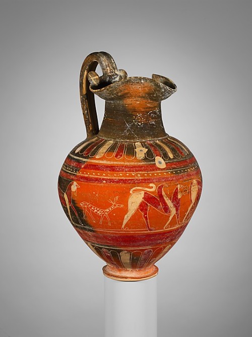 fishstickmonkey:Terracotta trefoil oinochoe (jug)Period: ArchaicDate: ca. 600–550 B.C.Culture: Etrus