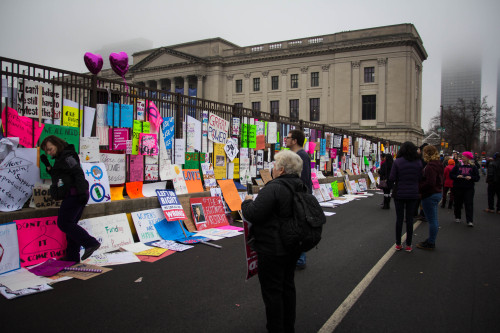 January 2017 | Women’s March in Philadelphia, PA.signs displayed on the overpass off the parkway