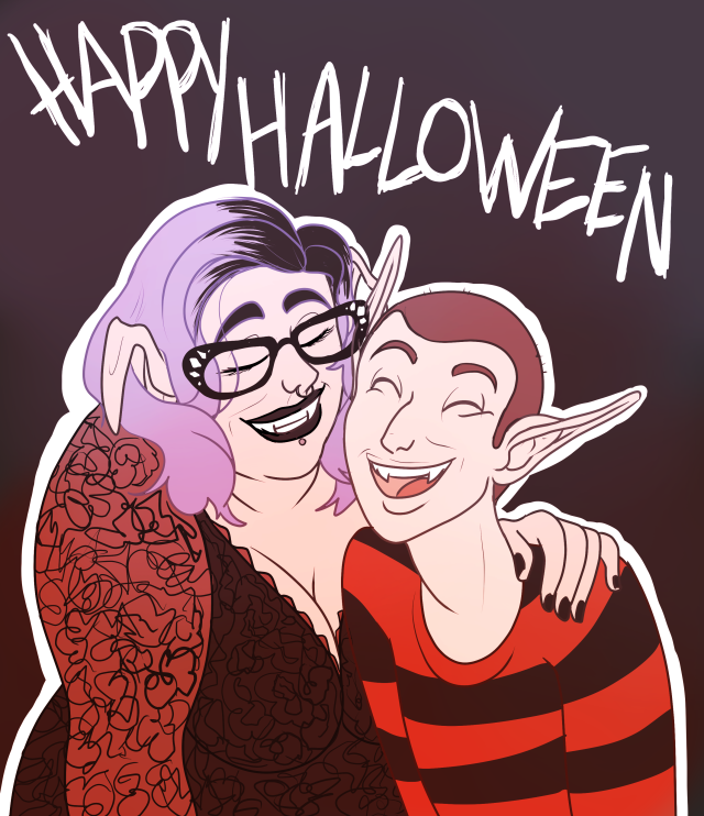 Happy Halloween from me and @rattyarts!! ID: a digital drawing of me and Madde as vampires. I am wearing a black lacy dress...