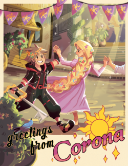 caydencat:  Greetings from Corona! Come visit for the annual Light’s festival! Tangled is one of my most fave Disney princess movie so I hope to see Rapunzel and Sora dancing and HAPPY!!! I’ll be selling this print at AX~