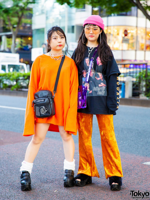 Japanese high school students Pinapoco and 8ight7even on the street in Harajuku wearing fashion by B