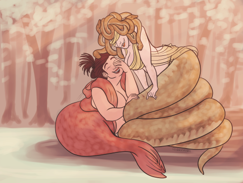 ogrefairydoodles: Girlfriends~ [ID: a digital drawing of two monster women sitting on a share by a f